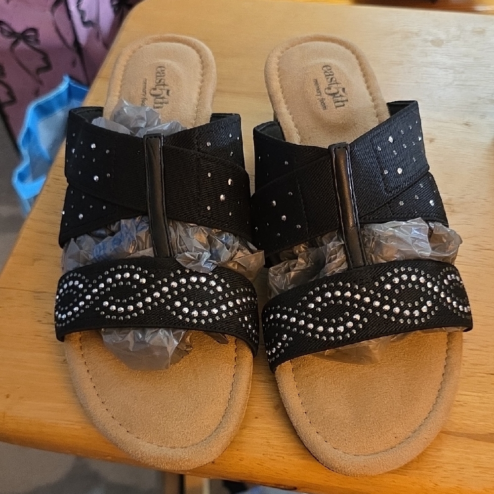 Easy Street Black and Tan Sandals with Rhinestone Embellishments